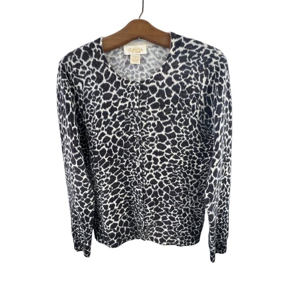 Peck & Peck Cashmere Leopard Cardigan Medium Black White Animal Print Button Up - Picture 1 of 9